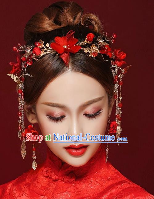 Chinese Traditional Bride Hair Jewelry Accessories Palace Xiuhe Suit Red Flowers Hairpins Wedding Tassel Phoenix Coronet for Women