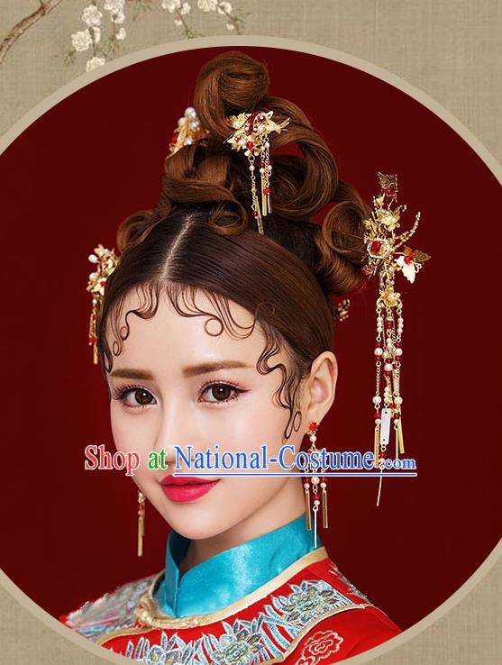 Chinese Traditional Bride Hair Jewelry Accessories Palace Xiuhe Suit Red Crystal Hairpins Wedding Tassel Phoenix Coronet for Women