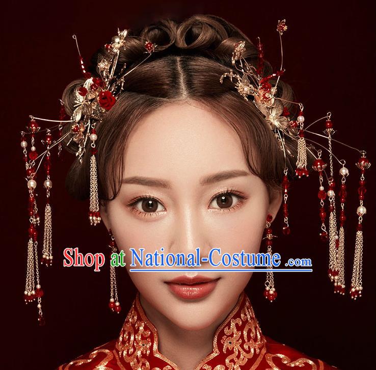 Chinese Traditional Bride Hair Jewelry Accessories Palace Xiuhe Suit Red Beads Hairpins Wedding Tassel Phoenix Coronet for Women