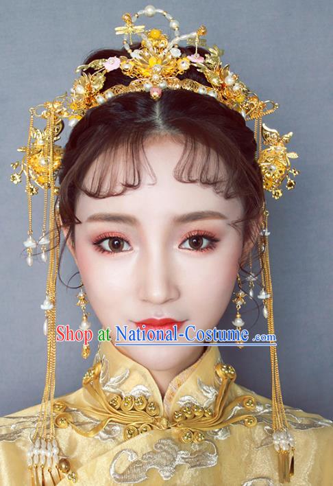 Chinese Traditional Bride Hair Jewelry Accessories Palace Xiuhe Suit Hairpins Wedding Tassel Golden Phoenix Coronet for Women