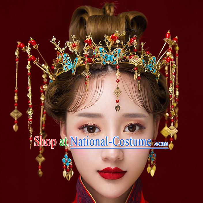 Chinese Traditional Bride Hair Jewelry Accessories Palace Xiuhe Suit Butterfly Tassel Phoenix Coronet Wedding Hairpins for Women