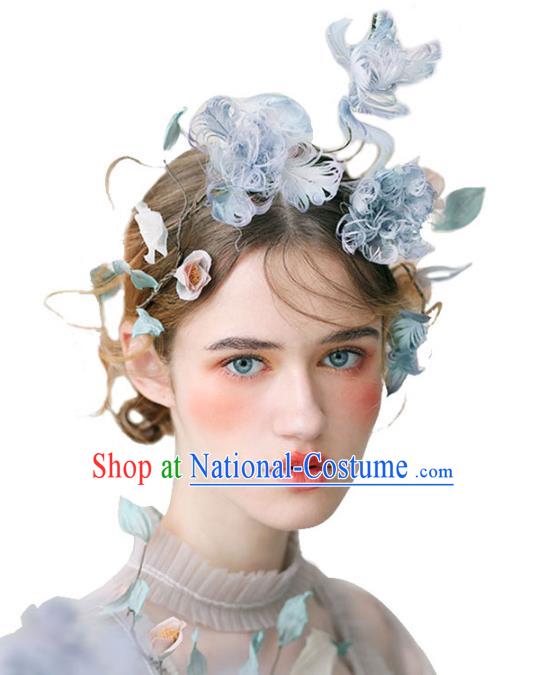 Chinese Traditional Bride Hair Jewelry Accessories Wedding Baroque Retro Blue Feather Hair Clasp for Women