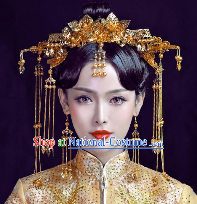 Chinese Traditional Bride Hair Jewelry Accessories Palace Xiuhe Suit Tassel Golden Phoenix Coronet Wedding Hairpins for Women