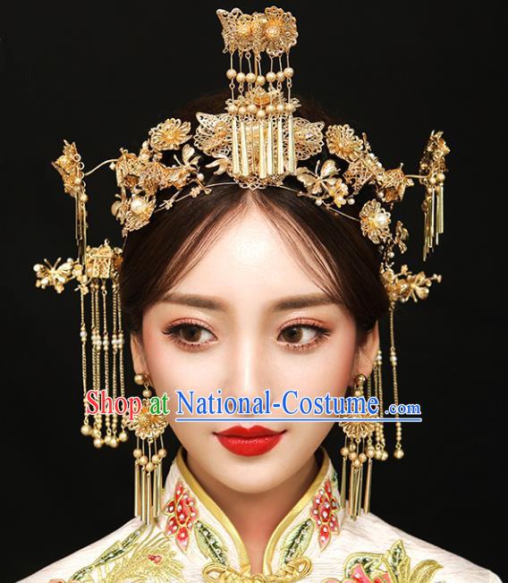 Chinese Traditional Bride Hair Jewelry Accessories Palace Xiuhe Suit Tassel Phoenix Coronet Wedding Hairpins for Women