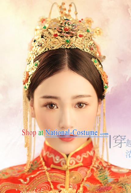 Chinese Traditional Bride Hair Jewelry Accessories Palace Xiuhe Suit Phoenix Coronet Hairpins Wedding Tassel Headwear for Women