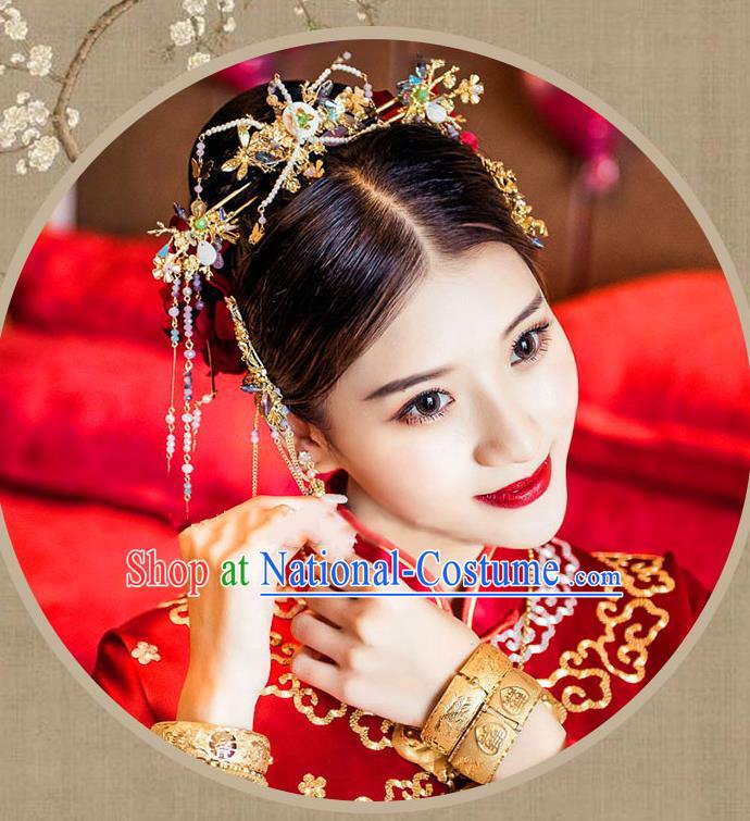 Chinese Traditional Bride Hair Jewelry Accessories Palace Xiuhe Suit Hairpins Wedding Tassel Headwear for Women