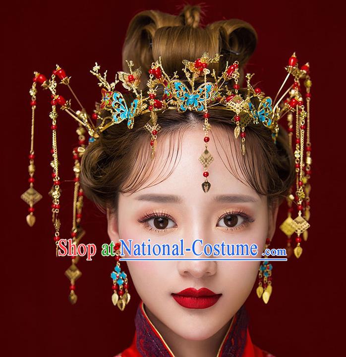 Chinese Traditional Bride Hair Jewelry Accessories Palace Xiuhe Suit Blueing Butterfly Phoenix Coronet Wedding Hairpins for Women