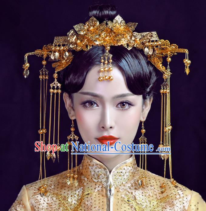 Chinese Traditional Bride Hair Accessories Palace Queen Xiuhe Suit Golden Phoenix Coronet Wedding Hairpins for Women