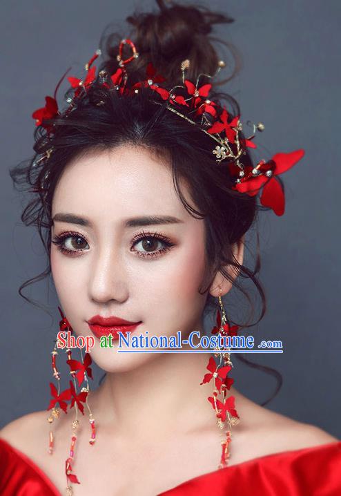 Chinese Traditional Bride Hair Jewelry Accessories Wedding Baroque Retro Red Flowers Hair Clasp for Women