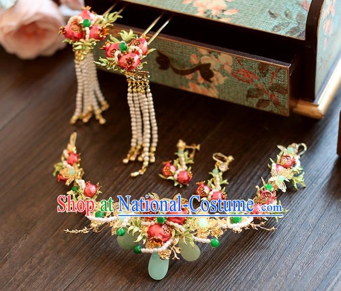 Chinese Traditional Bride Hair Accessories Palace Queen Xiuhe Suit Pomegranate Phoenix Coronet Wedding Hairpins for Women