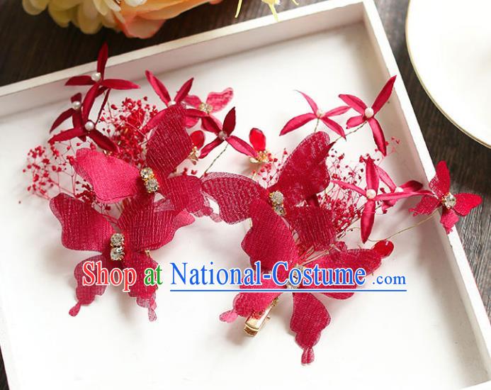 Chinese Traditional Bride Hair Jewelry Accessories Wedding Baroque Retro Red Silk Butterfly Hair Stick for Women