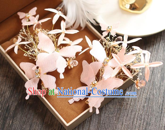 Chinese Traditional Bride Hair Jewelry Accessories Wedding Baroque Retro Pink Silk Butterfly Hair Stick for Women