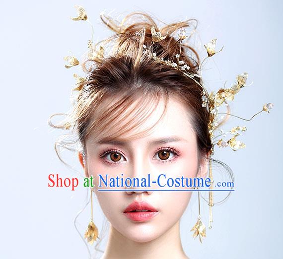 Chinese Traditional Bride Hair Jewelry Accessories Wedding Golden Flowers Hair Clasp and Earrings for Women