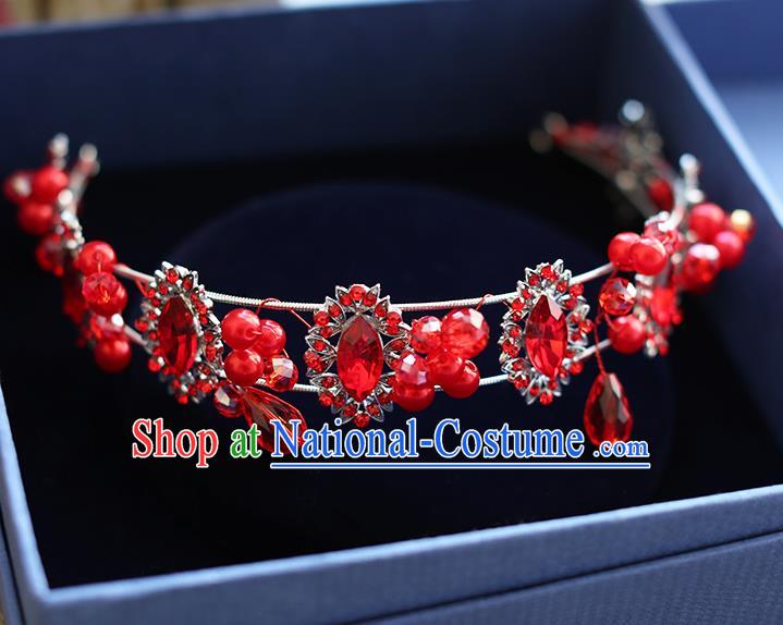 Chinese Traditional Bride Hair Jewelry Accessories Wedding Red Crystal Hair Clasp Headband for Women