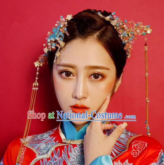 Chinese Traditional Bride Hair Accessories Palace Queen Xiuhe Suit Blueing Phoenix Coronet Wedding Hairpins for Women