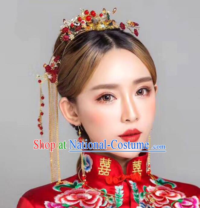 Chinese Traditional Bride Hair Accessories Xiuhe Suit Palace Red Phoenix Coronet Wedding Hairpins for Women