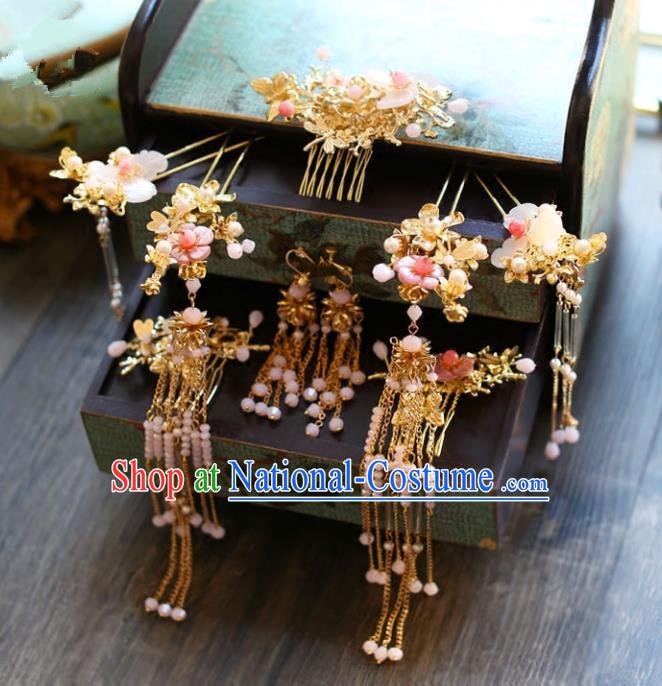 Chinese Traditional Bride Hair Accessories Headwear Xiuhe Suit Palace Pink Flowers Step Shake Wedding Hairpins for Women