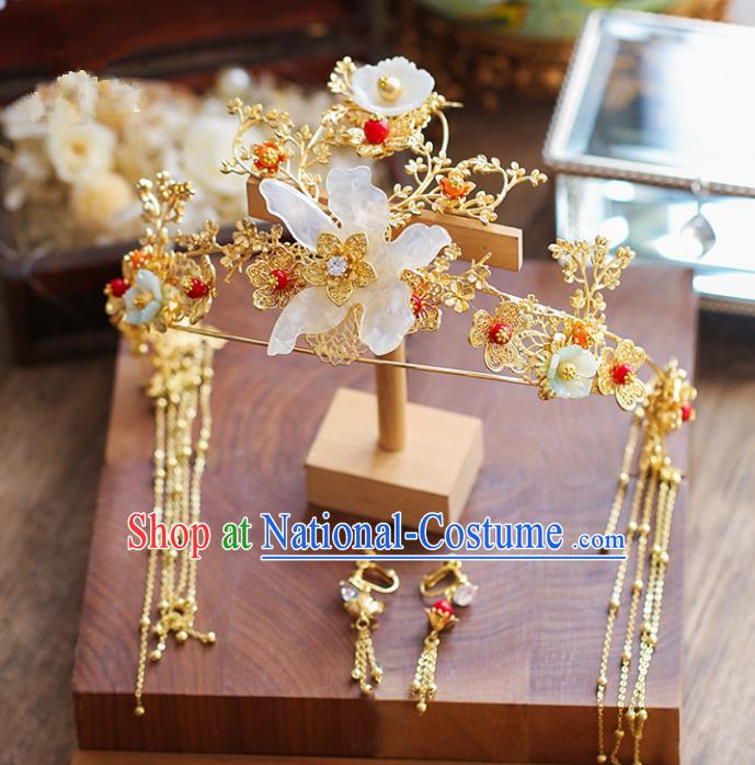 Chinese Traditional Bride Hair Accessories Xiuhe Suit White Shell Flowers Phoenix Coronet Wedding Hairpins Complete Set for Women