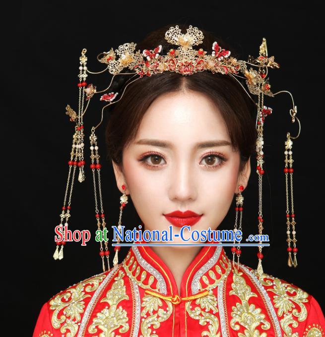 Chinese Traditional Bride Hair Accessories Headwear Xiuhe Suit Palace Red Butterfly Phoenix Coronet Wedding Hairpins for Women