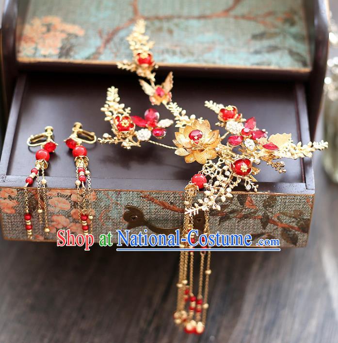 Chinese Traditional Bride Hair Accessories Xiuhe Suit Step Shake Wedding Hairpins and Earrings for Women