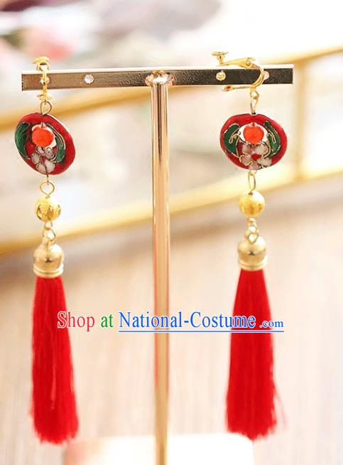 Chinese Traditional Bride Jewelry Accessories Xiuhe Suit Cloisonn Earrings Wedding Red Tassel Eardrop for Women