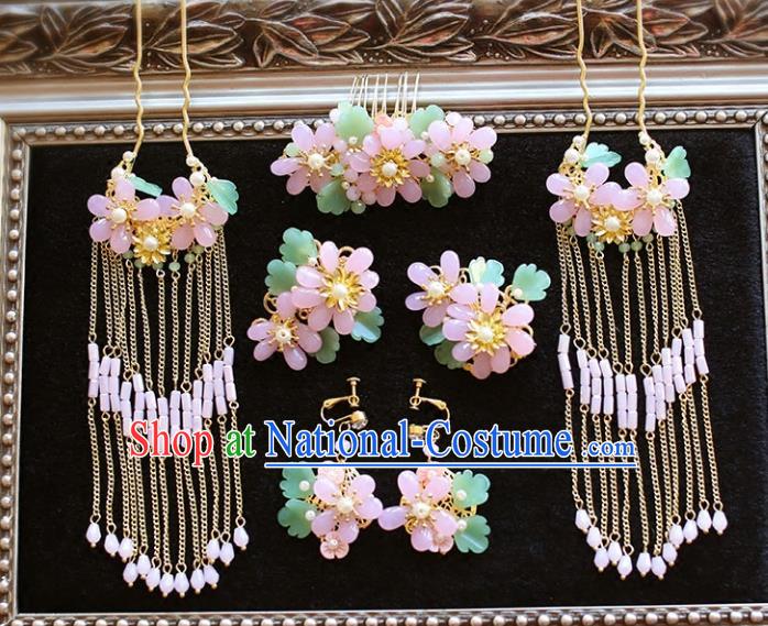 Chinese Traditional Bride Hair Accessories Xiuhe Suit Tassel Step Shake Wedding Pink Flowers Hairpins Complete Set for Women