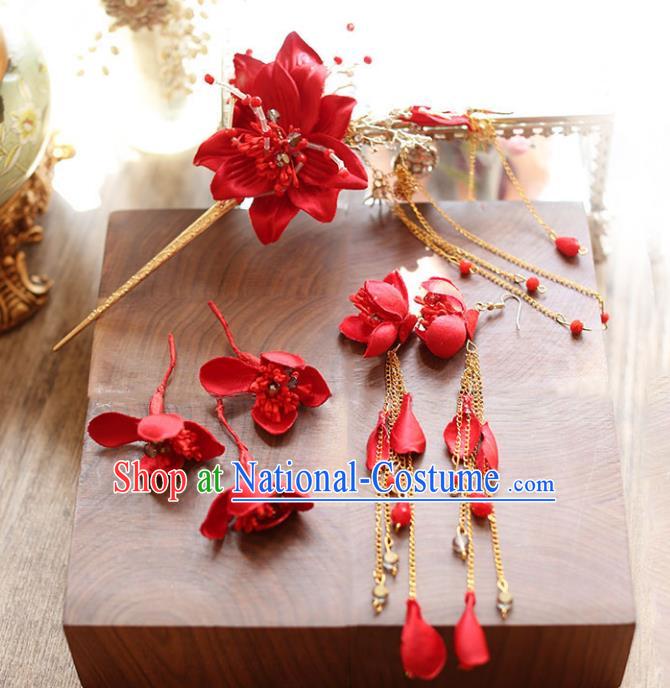 Chinese Traditional Bride Hair Accessories Xiuhe Suit Wedding Red Flowers Hairpins and Earrings for Women