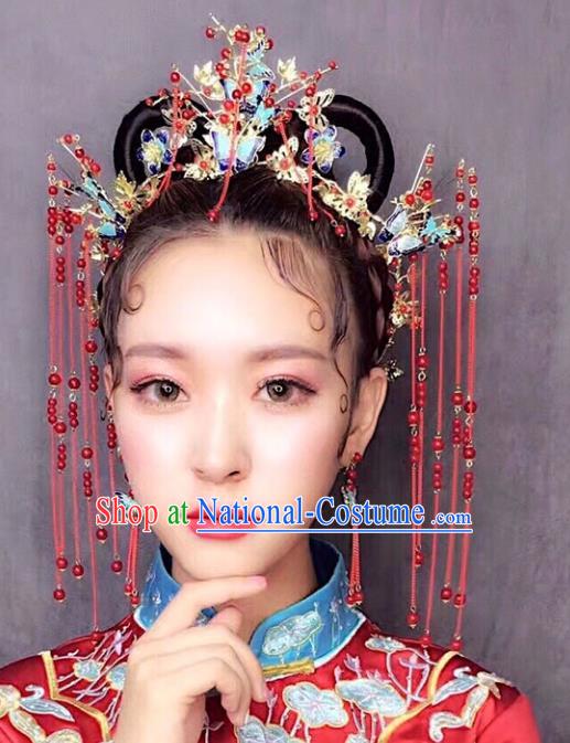 Chinese Traditional Bride Hair Accessories Xiuhe Suit Blueing Butterfly Phoenix Coronet Wedding Tassel Hairpins Complete Set for Women