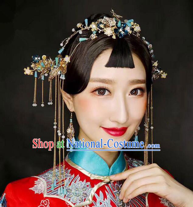 Chinese Traditional Bride Hair Accessories Xiuhe Suit Blue Flowers Phoenix Coronet Wedding Tassel Hairpins Complete Set for Women