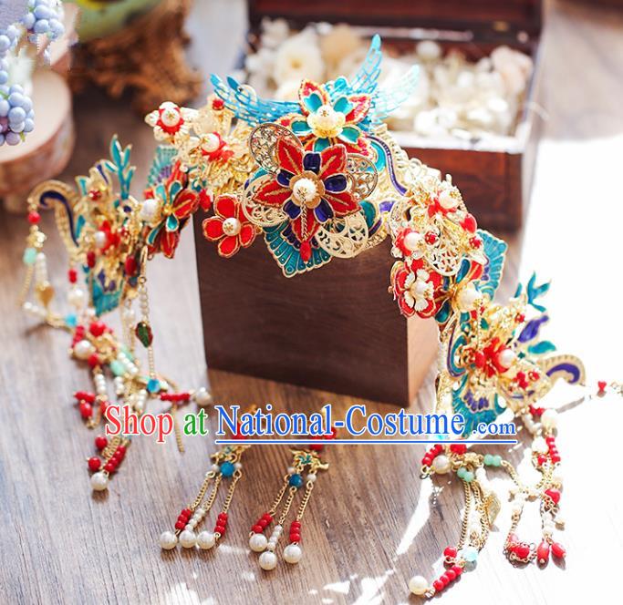 Chinese Traditional Bride Hair Accessories Xiuhe Suit Blue Phoenix Coronet Wedding Tassel Hairpins for Women