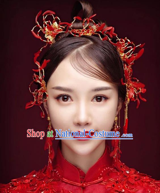 Chinese Traditional Bride Hair Accessories Xiuhe Suit Hair Comb Wedding Tassel Hairpins Complete Set for Women