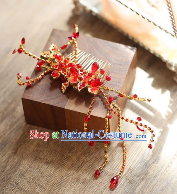 Chinese Traditional Bride Hair Accessories Baroque Princess Wedding Red Crystal Hair Comb for Women