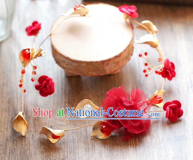 Chinese Traditional Bride Hair Accessories Baroque Princess Wedding Red Flowers Hair Clasp for Women