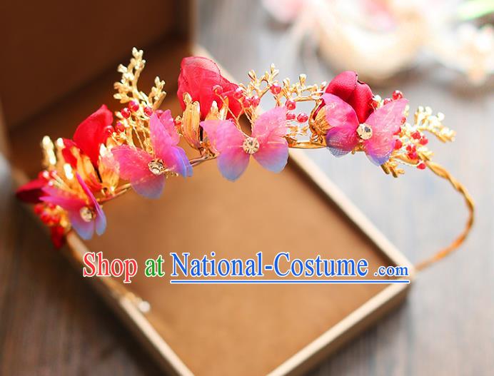 Chinese Traditional Bride Hair Accessories Baroque Princess Wedding Red Flowers Butterfly Hair Clasp for Women