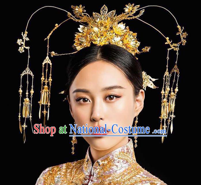 Chinese Traditional Bride Hair Accessories Xiuhe Suit Wedding Golden Phoenix Coronet Tassel Hairpins Complete Set for Women