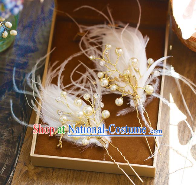 Chinese Traditional Bride Hair Accessories Baroque Princess Wedding White Feather Pearls Hairpins Hair Stick for Women