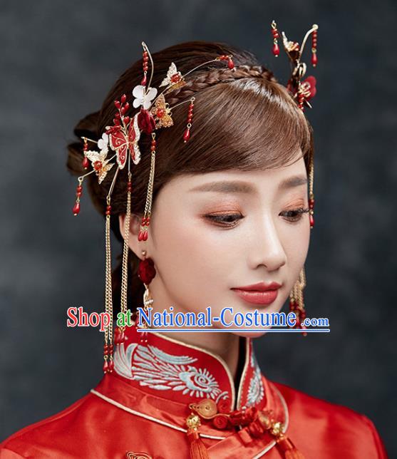 Chinese Traditional Bride Hair Accessories Xiuhe Suit Wedding Red Phoenix Coronet Tassel Hairpins Complete Set for Women