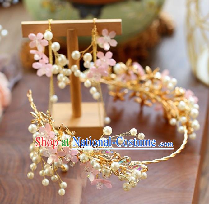 Chinese Traditional Bride Hair Accessories Baroque Princess Wedding Pink Flowers Pearls Hair Clasp for Women