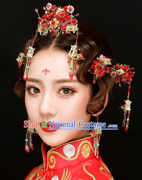 Chinese Traditional Bride Hair Accessories Xiuhe Suit Wedding Red Hair Comb Tassel Hairpins Complete Set for Women