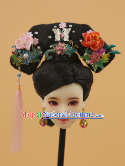 Chinese Traditional Silk Figurine Doll Hair Accessories Hairpins Qing Dynasty Manchu Princess Headwear