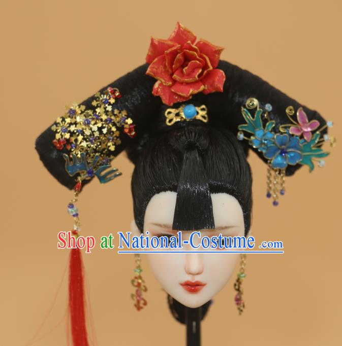 Chinese Traditional Silk Figurine Doll Hair Accessories Hairpins Qing Dynasty Manchu Lady Headwear