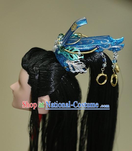 Chinese Traditional Silk Figurine Doll Hair Accessories Royal Highness Blue Crown Headwear