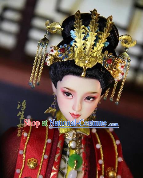 Chinese Traditional Silk Figurine Doll Hair Accessories Flowers Hairpins Ancient Han Dynasty Queen Phoenix Coronet Headwear