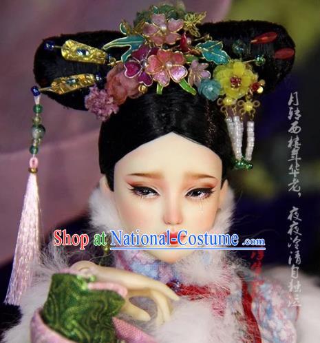 Chinese Traditional Silk Figurine Doll Hair Accessories Hairpins Qing Dynasty Manchu Princess Headwear