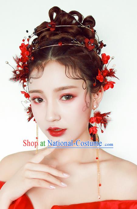 Chinese Traditional Bride Hair Accessories Baroque Princess Wedding Red Feather Hair Clasp and Earrings for Women