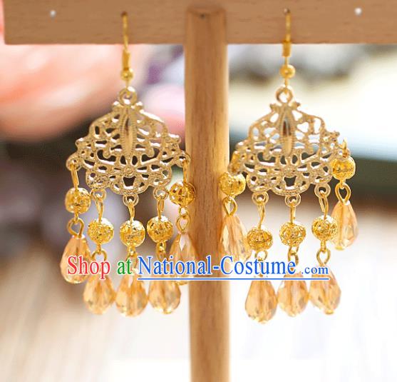 Chinese Traditional Bride Jewelry Accessories Golden Tassel Earrings Wedding Eardrop for Women