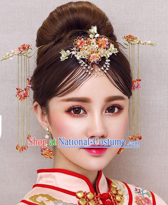 Chinese Traditional Bride Hair Accessories Xiuhe Suit Red Beads Phoenix Coronet Wedding Hairpins for Women