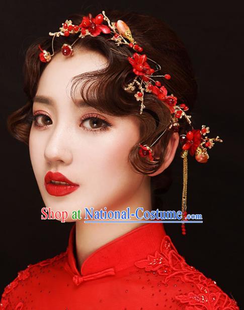 Chinese Traditional Bride Hair Accessories Xiuhe Suit Wedding Red Flowers Step Shake Hairpins for Women