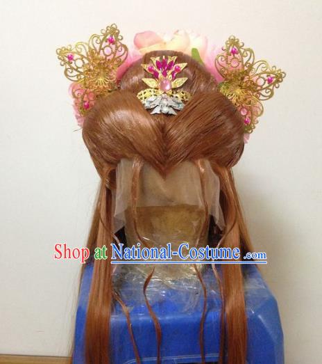 Chinese Traditional Ancient Imperial Princess Hair Accessories and Wigs Handmade Hairpins Complete Set for Women