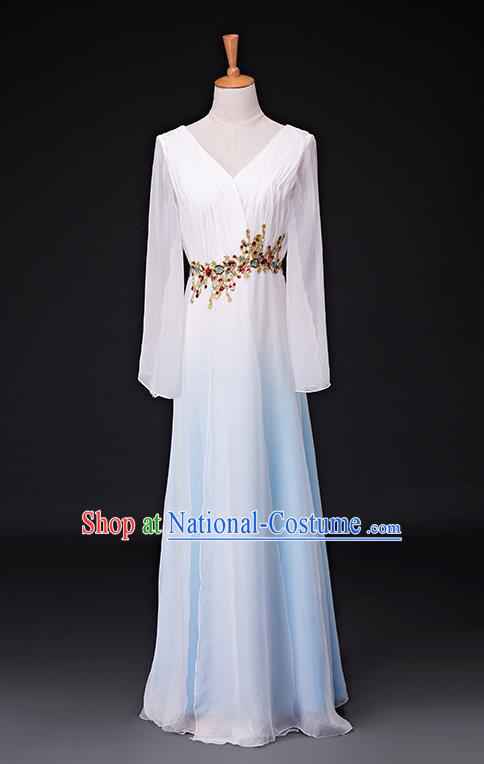 Traditional Chinese Modern Dance Costume Opening Chorus Singing Group Blue Bubble Dress for Women